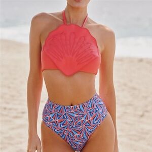 NWT new medium Anthropologie Farm Rio sea shell swim top halter tie coral pink
